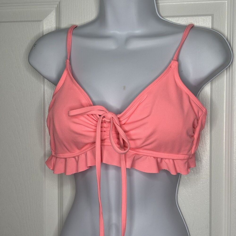 Large No Boundaries Neon Pink Ribbed Ruffle Bikini Top Swim Top